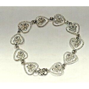 STERLING SILVER 925 FILIGREE HEARTS & FLOWERS 7.75" TENNIS BRACELET EUC